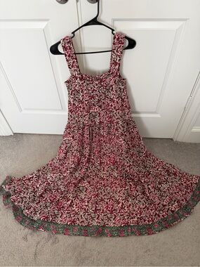 NWOT Natalie Natalie Martin 100% Silk Printed Maxi Dress Red Green Boho Tiered